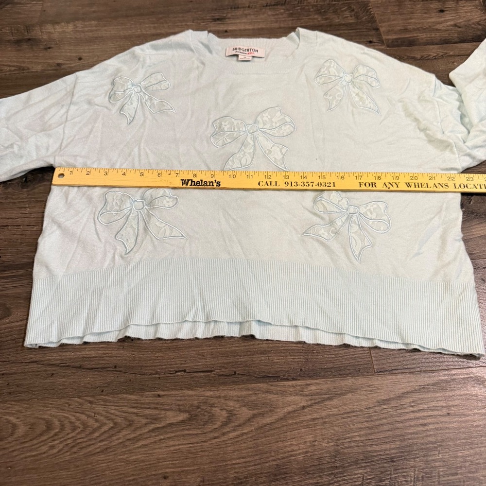 Bridgerton Netflix Light Blue Lace Bow Applique Knit Sweater XL Coquette Regency - Picture 5 of 7